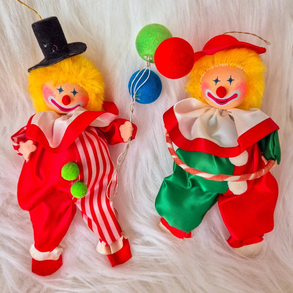 Vintage 1980s Russ Berrie Circus Clown Christmas Ornament Pair